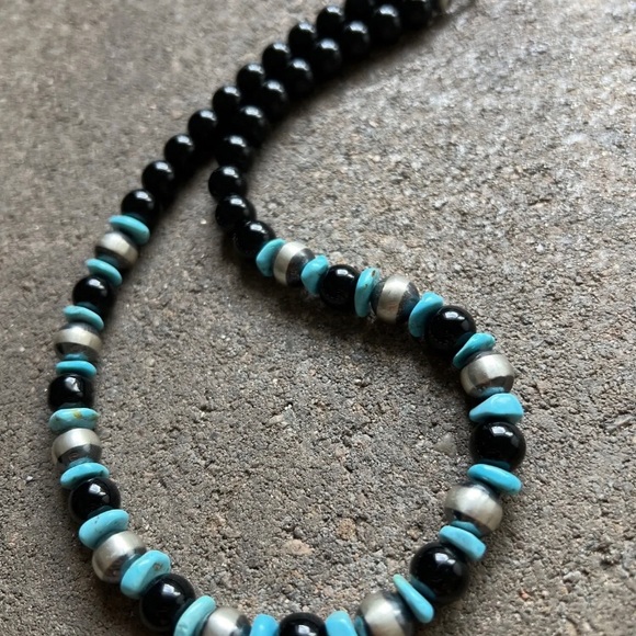 Sterling Silver Black Onyx Turquoise Bead Necklace. 18 Inch - Picture 7 of 12